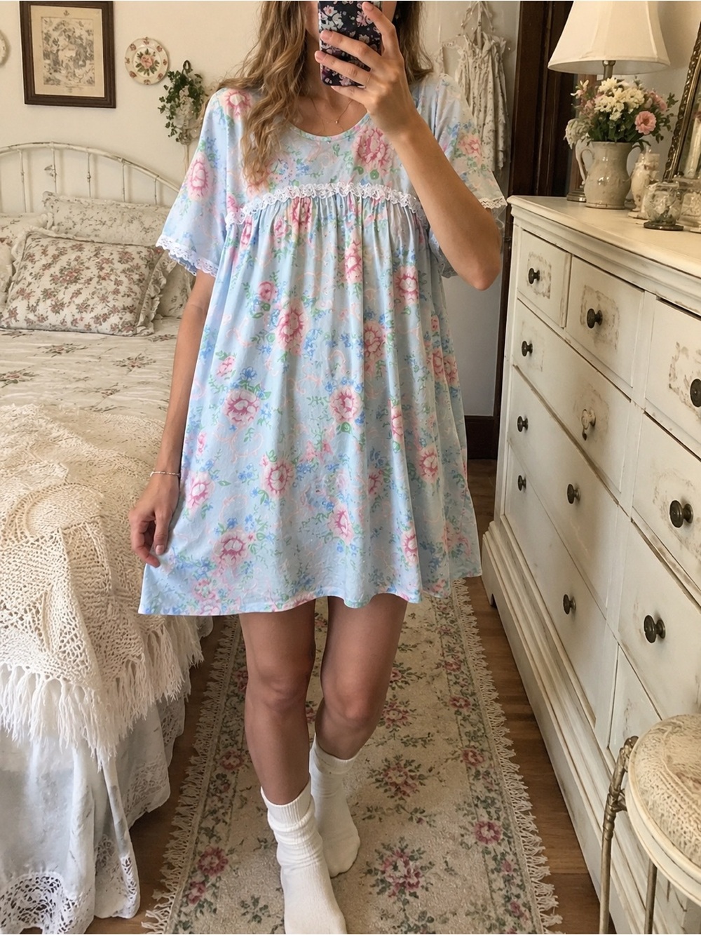 Vintage Sears Floral‎ traditional Nightgown Blue Lace Cottagecore Granny Chic